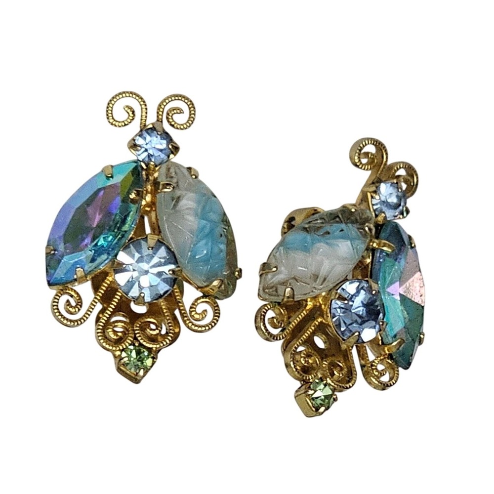 Vtg Juliana DeLizza Elster Blue Aurora Borealis Rhinestone Clip-On Earrings